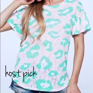 BiBi Green Leopard Animal Print Top Ruffle Sleeves